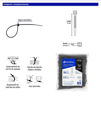 Bolsa con 1000 cinchos plásticos 18 lb de 150 x 2.5 mm negro