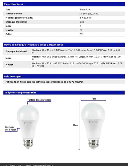Pack de 4 focos LED 14W A19 6500K blanca fría 1500 lm