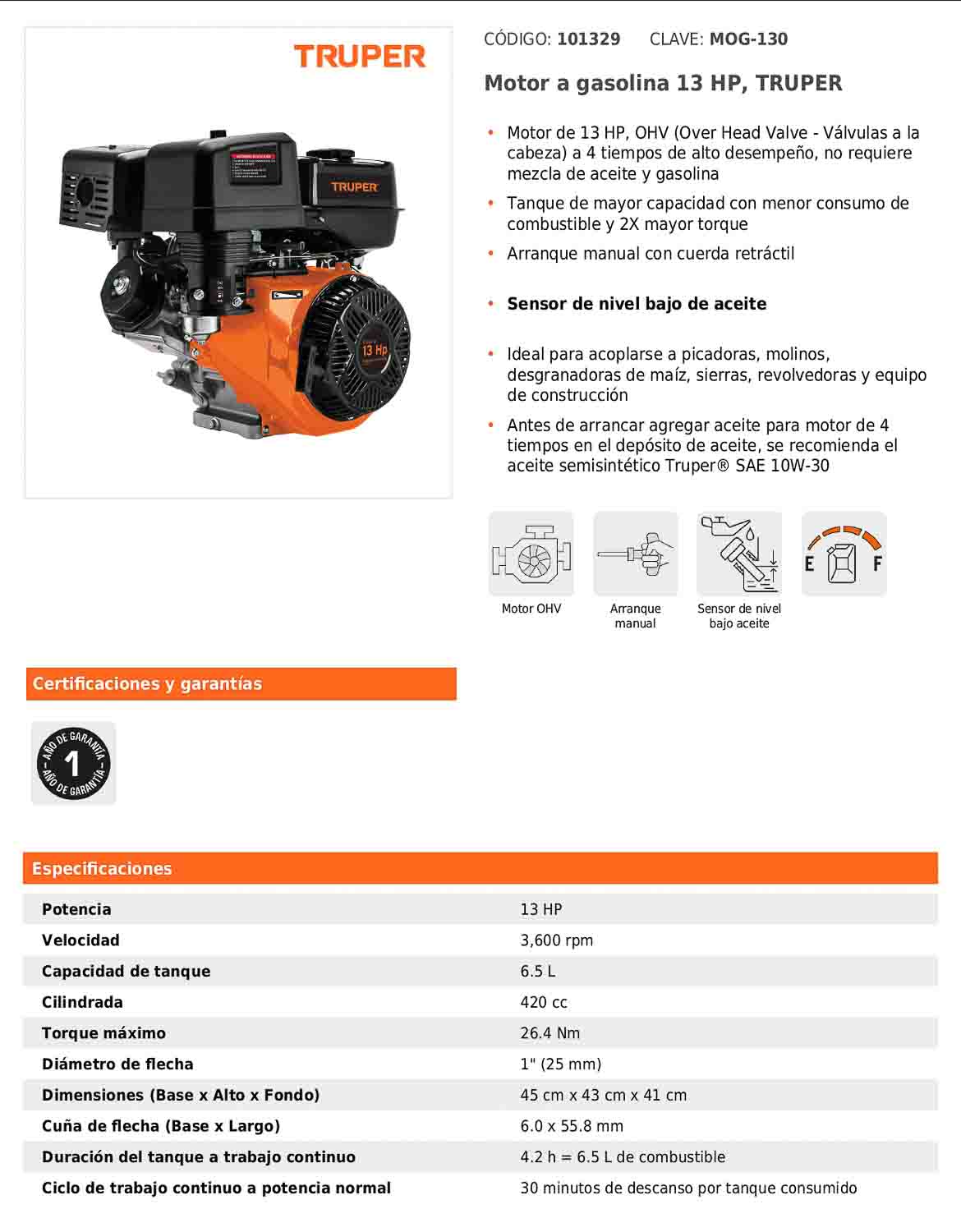 Motor a gasolina de 13 HP con sensor de aceite y arranque manual
