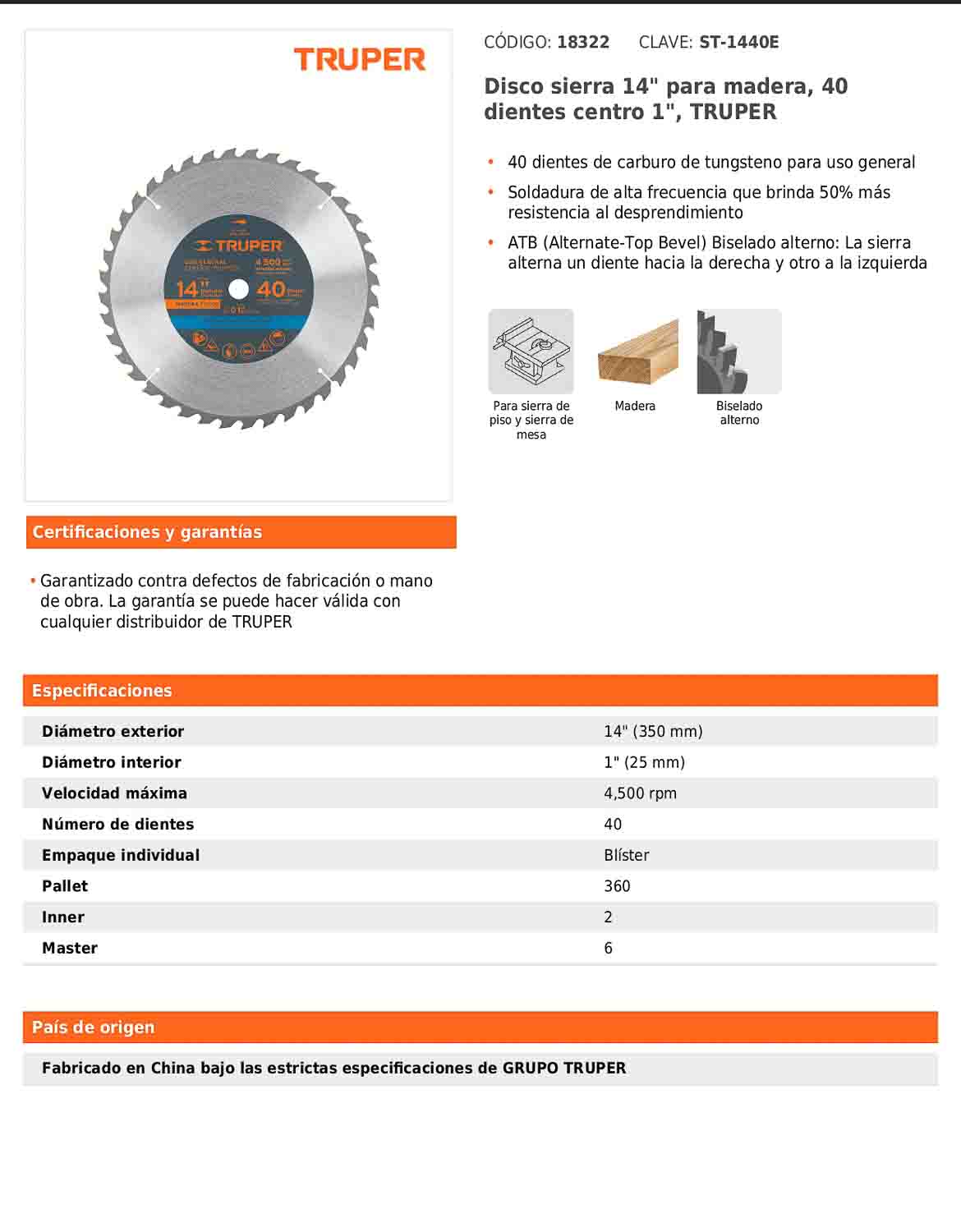 Disco sierra para madera de 14 pulgadas con 40 dientes y centro de 1 pulgada