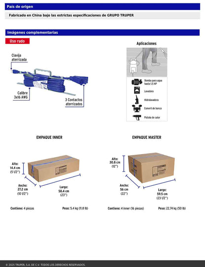 Extensión triple uso rudo 8 m tipo abanico 3x16 AWG