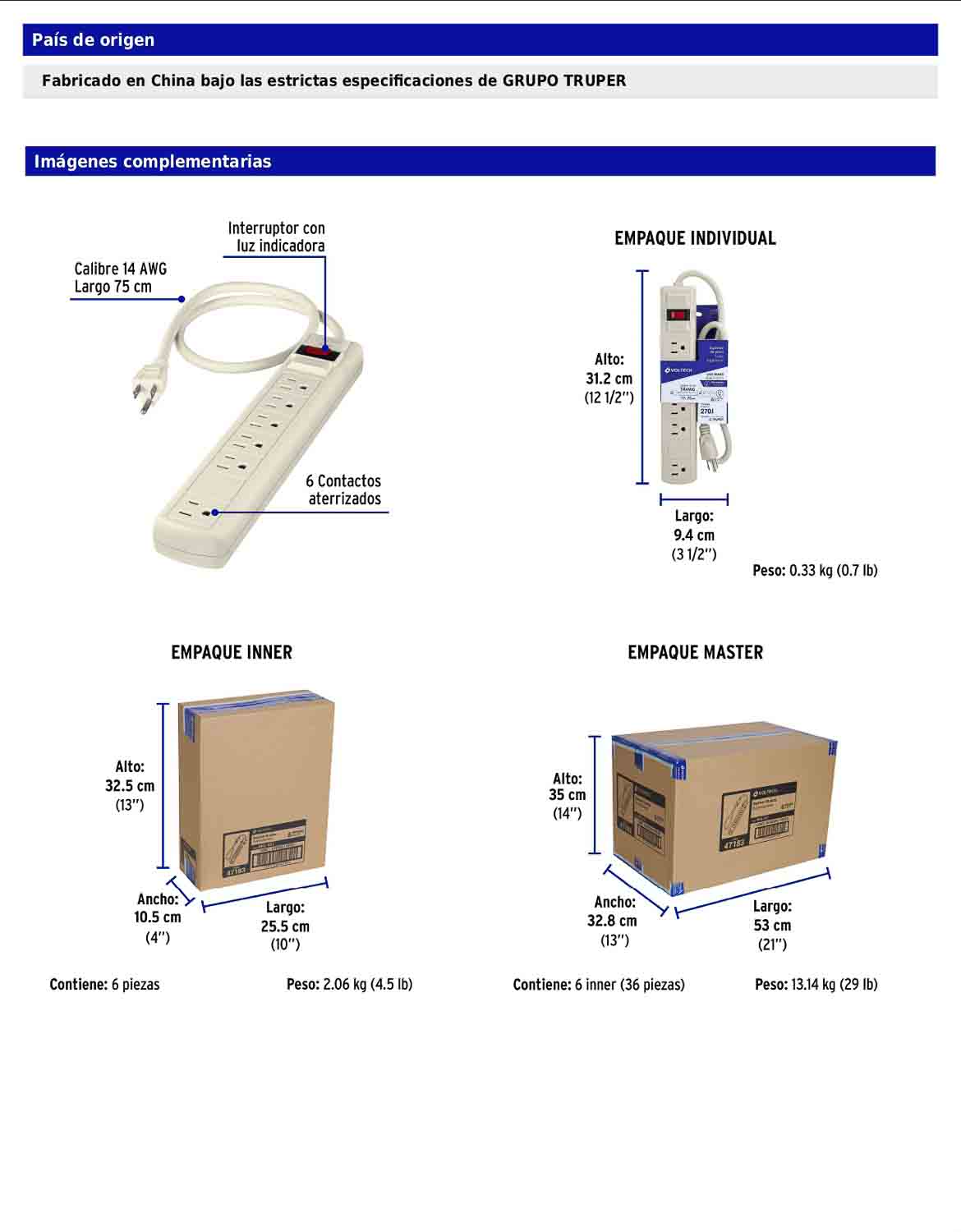Regleta multicontacto de 6 entradas con supresor de picos de 270 joules