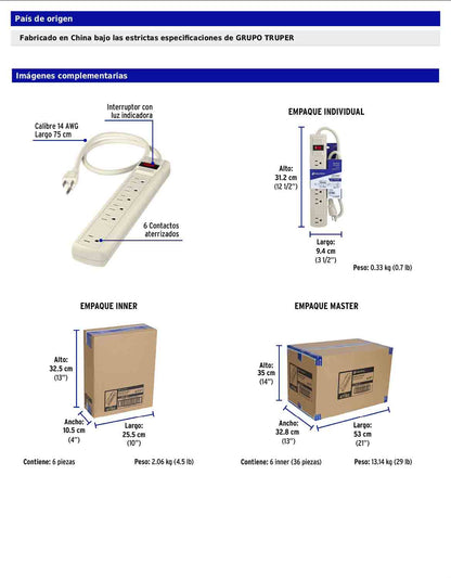 Regleta multicontacto de 6 entradas con supresor de picos de 270 joules