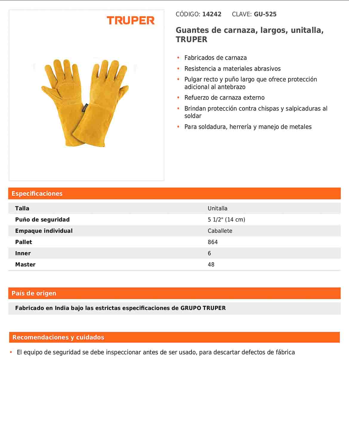 Guantes de carnaza largos unitalla TRUPER (GU-525)