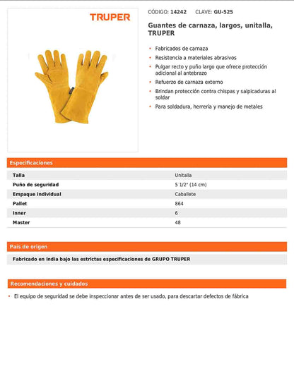 Guantes de carnaza largos unitalla TRUPER (GU-525)