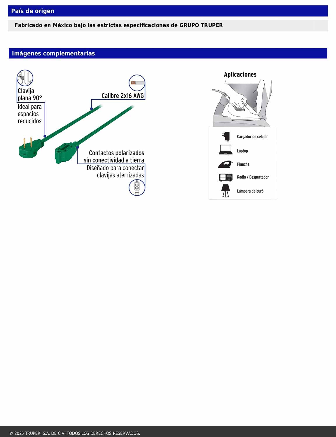 Extensión eléctrica doméstica de 2 m con clavija plana verde