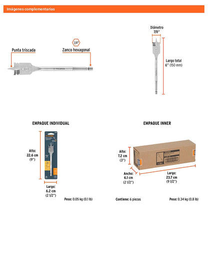 Broca plana de manita 7/8" para madera