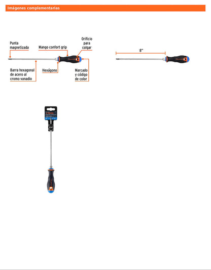 Desarmador de cruz de 3/16 con barra de 20.32 cm y mango Comfort Grip