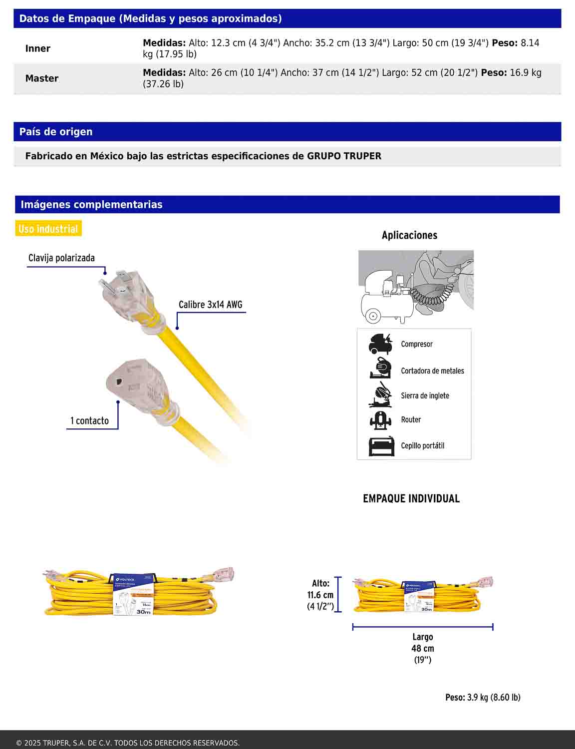 Extensión reforzada aterrizada 30 m 3x14 AWG