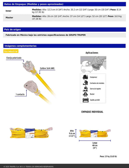 Extensión reforzada aterrizada 30 m 3x14 AWG