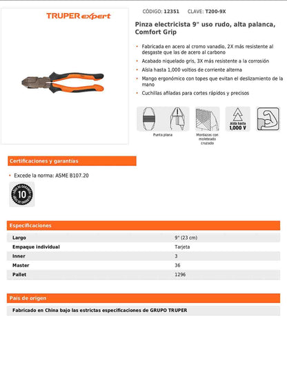 Pinza electricista 9" uso rudo de alta palanca con mango Comfort Grip