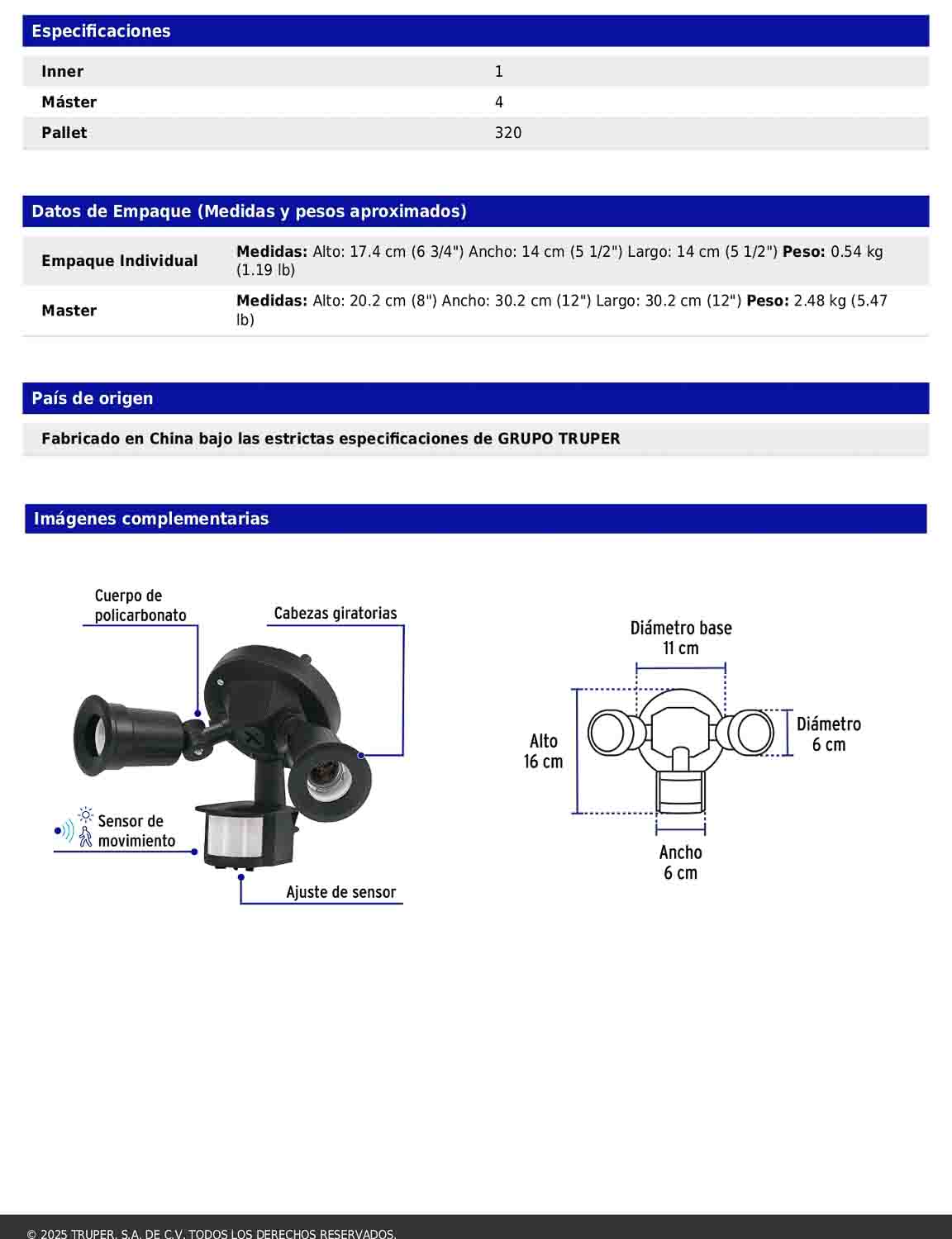 Arbotante negro con sensor de movimiento y doble cabezal dirigible