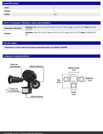 Arbotante negro con sensor de movimiento y doble cabezal dirigible