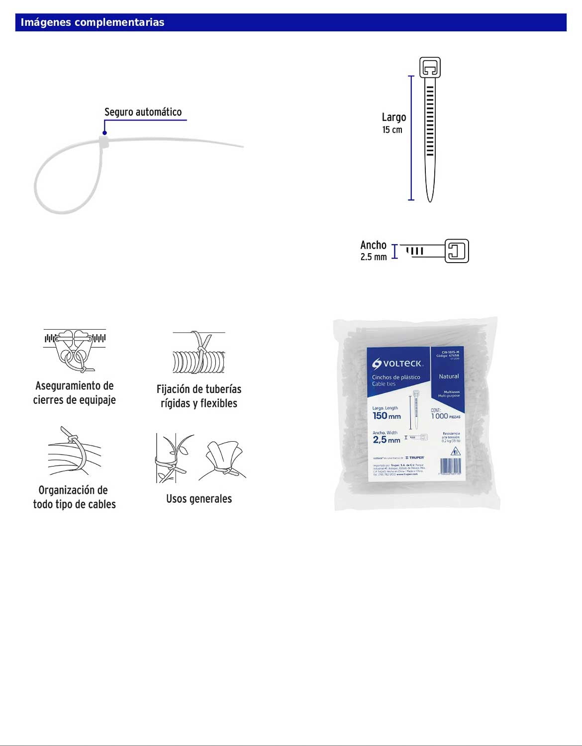 Bolsa con 1000 cinchos plásticos 18 lb de 150 x 2.5 mm natural