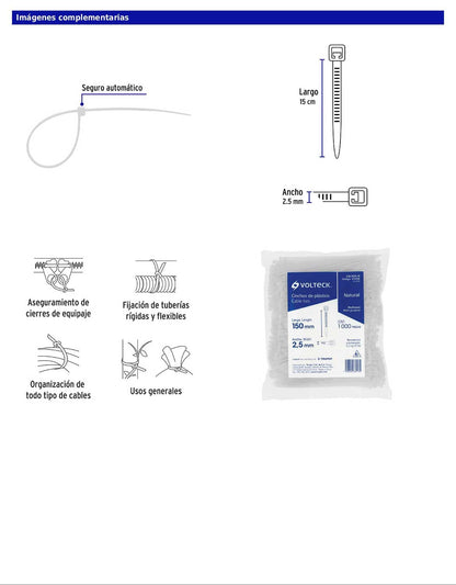 Bolsa con 1000 cinchos plásticos 18 lb de 150 x 2.5 mm natural