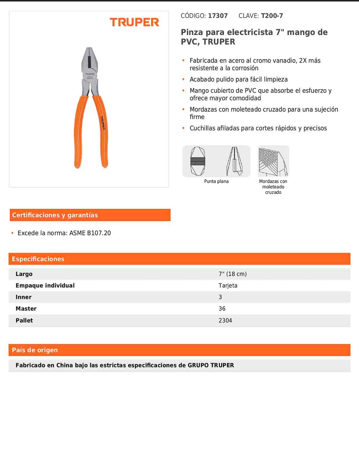 Pinza para electricista 7" uso rudo con mango PVC