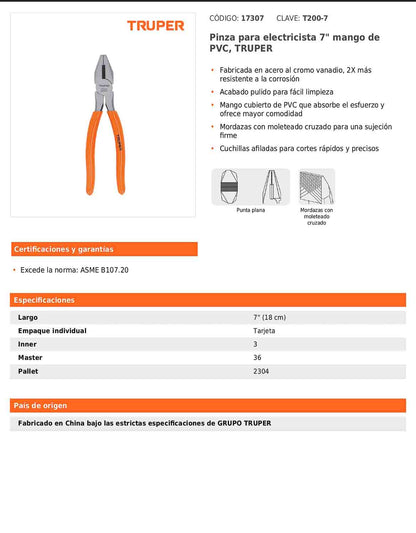 Pinza para electricista 7" uso rudo con mango PVC