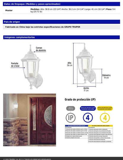Arbotante tipo farol tradicional soportado para exterior color blanco