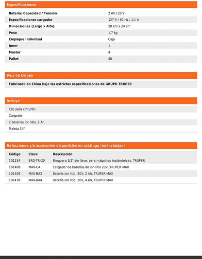 Rotomartillo inalámbrico de 1/2 in con batería 20 V y dos velocidades