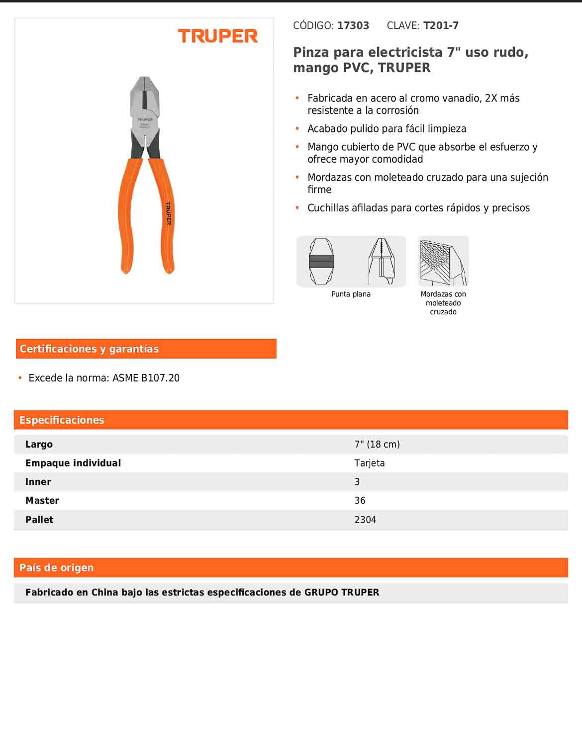 Pinza para electricista 7" uso rudo con mango PVC