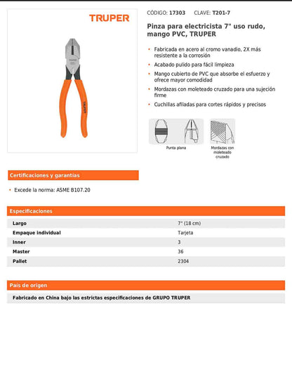 Pinza para electricista 7" uso rudo con mango PVC