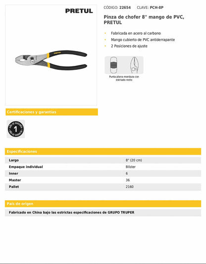Pinza de chofer de 8 pulgadas con mango de PVC