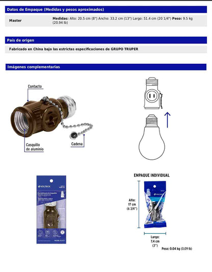 Portalámpara de baquelita con cadena y doble contacto