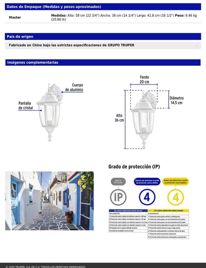 Arbotante tipo farol tradicional suspendido para exterior color blanco