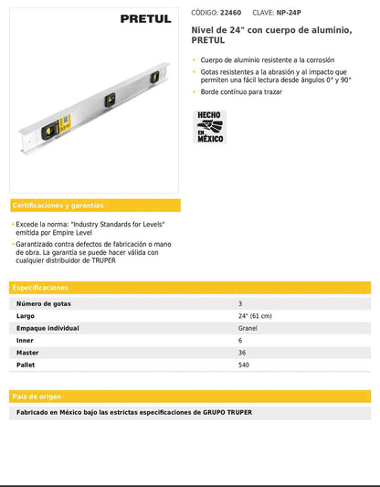 Nivel de 24" con cuerpo de aluminio