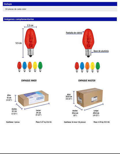 Foco incandescente de colores de 7.5 W con base E12