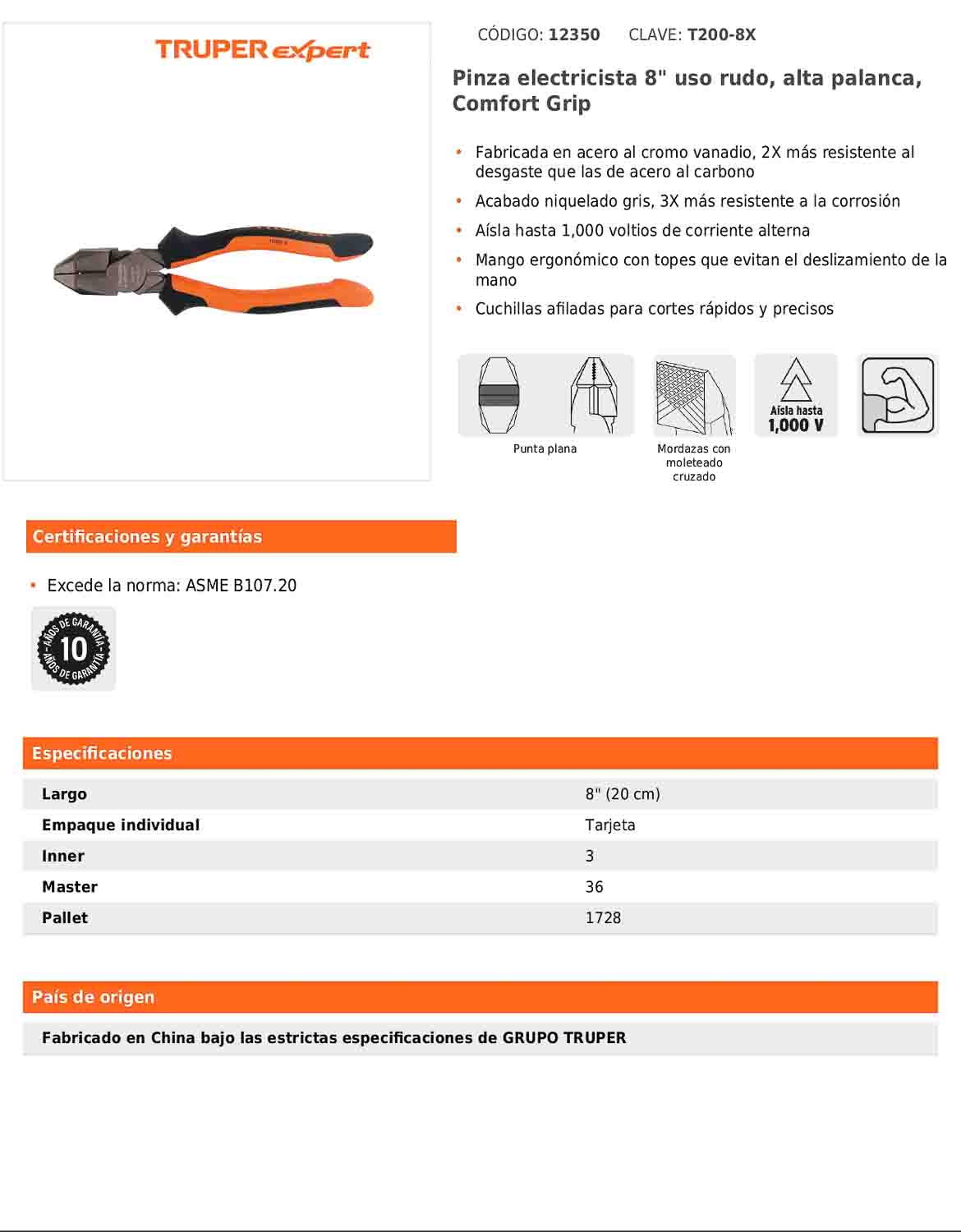 Pinza electricista 8" uso rudo de alta palanca con mango Comfort Grip