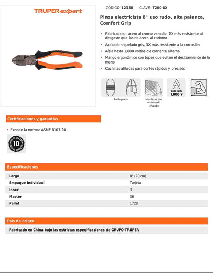 Pinza electricista 8" uso rudo de alta palanca con mango Comfort Grip