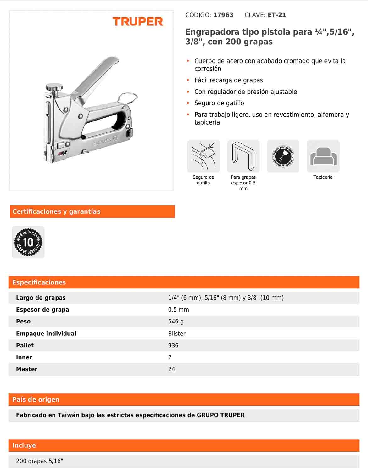 Engrapadora tipo pistola para grapas de 1/4 5/16 y 3/8 con regulador de presión y seguro de gatillo