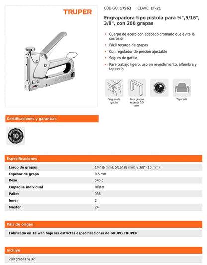 Engrapadora tipo pistola para grapas de 1/4 5/16 y 3/8 con regulador de presión y seguro de gatillo