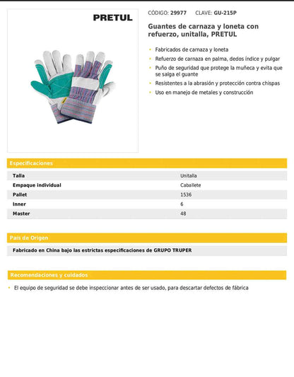 Guantes de carnaza y loneta con refuerzo unitalla