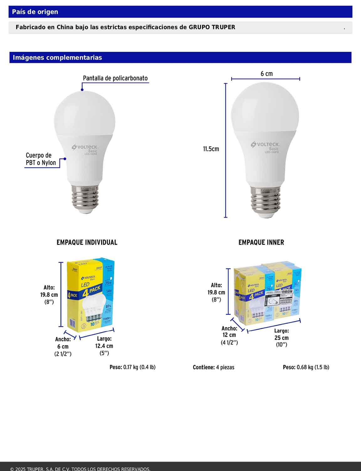 Pack de 4 focos LED 14W A19 6500K blanca fría 1150 lm BASIC