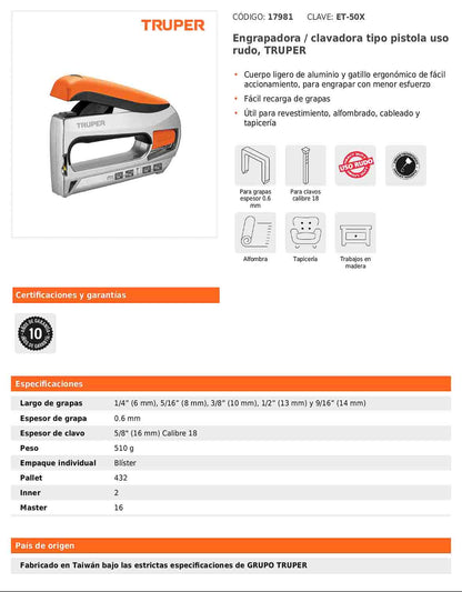 Engrapadora clavadora tipo pistola de uso rudo con cuerpo de aluminio y gatillo ergonómico