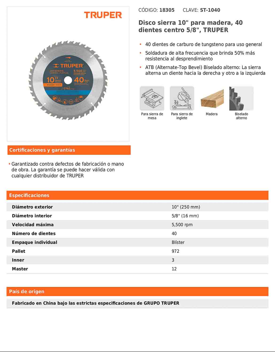 Disco de sierra de 10 pulgadas con 40 dientes de carburo y centro de 5/8 pulgadas