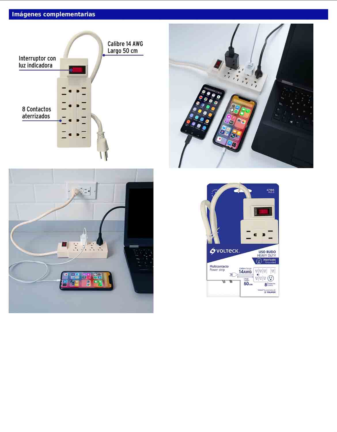 Regleta multicontacto de 8 entradas calibre 14 AWG para uso rudo