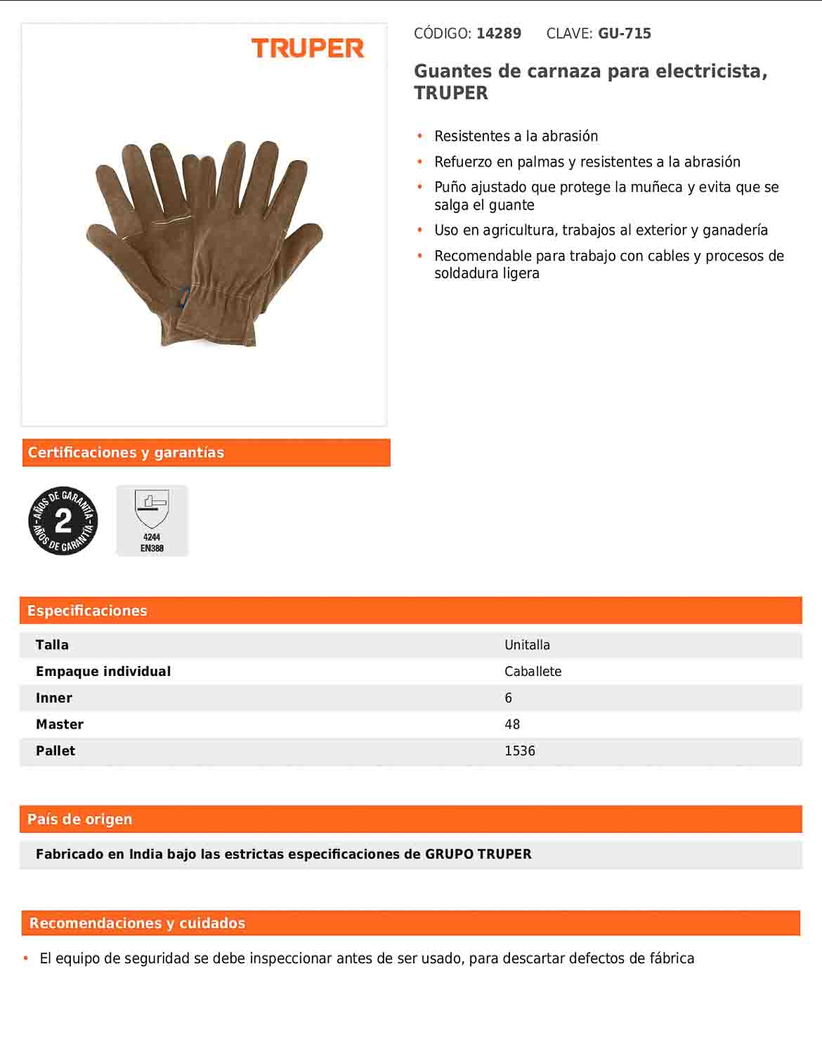 Guantes de carnaza para electricista TRUPER (GU-715)