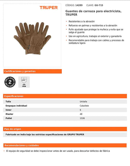 Guantes de carnaza para electricista TRUPER (GU-715)