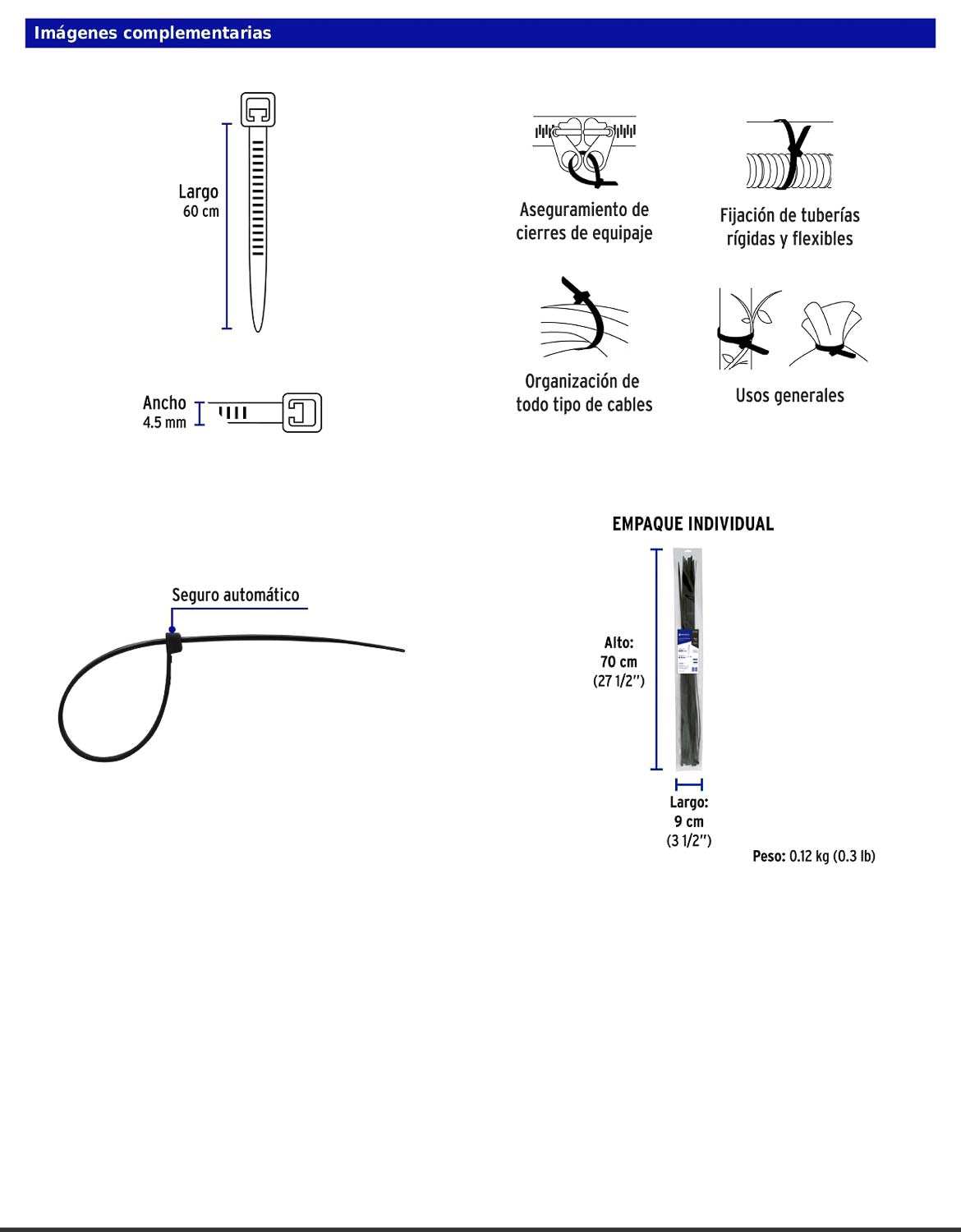 Bolsa con 25 cinchos plásticos de 50 lb de 60 cm de largo y 4.5 mm de ancho en color negro
