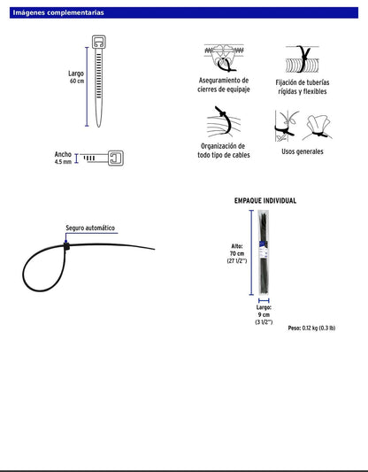 Bolsa con 25 cinchos plásticos de 50 lb de 60 cm de largo y 4.5 mm de ancho en color negro