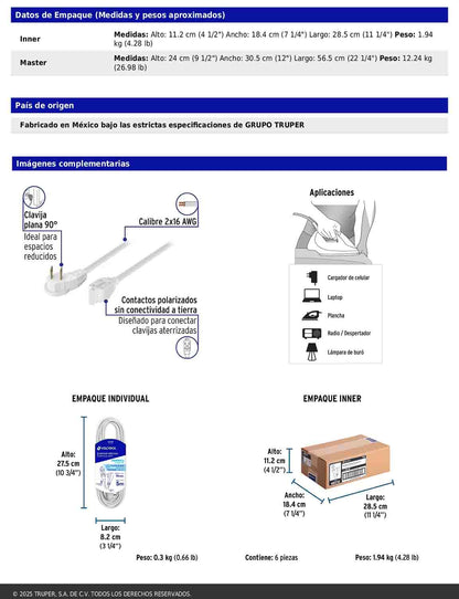Extensión eléctrica doméstica de 5 m con clavija plana blanca