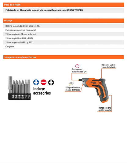 Destornillador inalámbrico de 3.6 V con porta puntas magnético