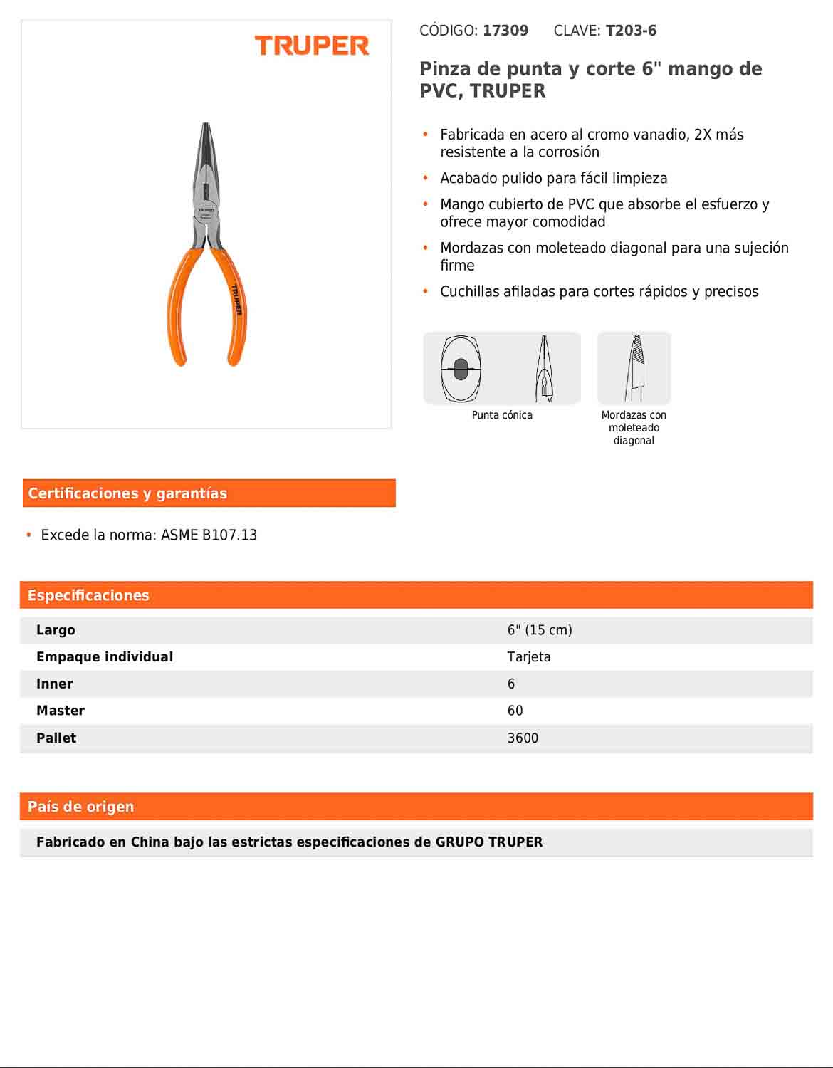 Pinza de punta y corte 6" con mango PVC