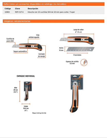 Cutter profesional de 18 mm con alma metálica y grip