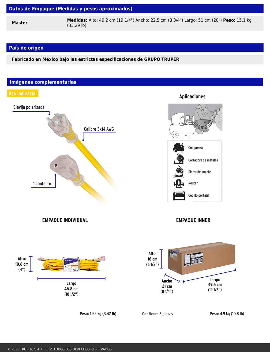 Extensión reforzada aterrizada 10 m calibre 14