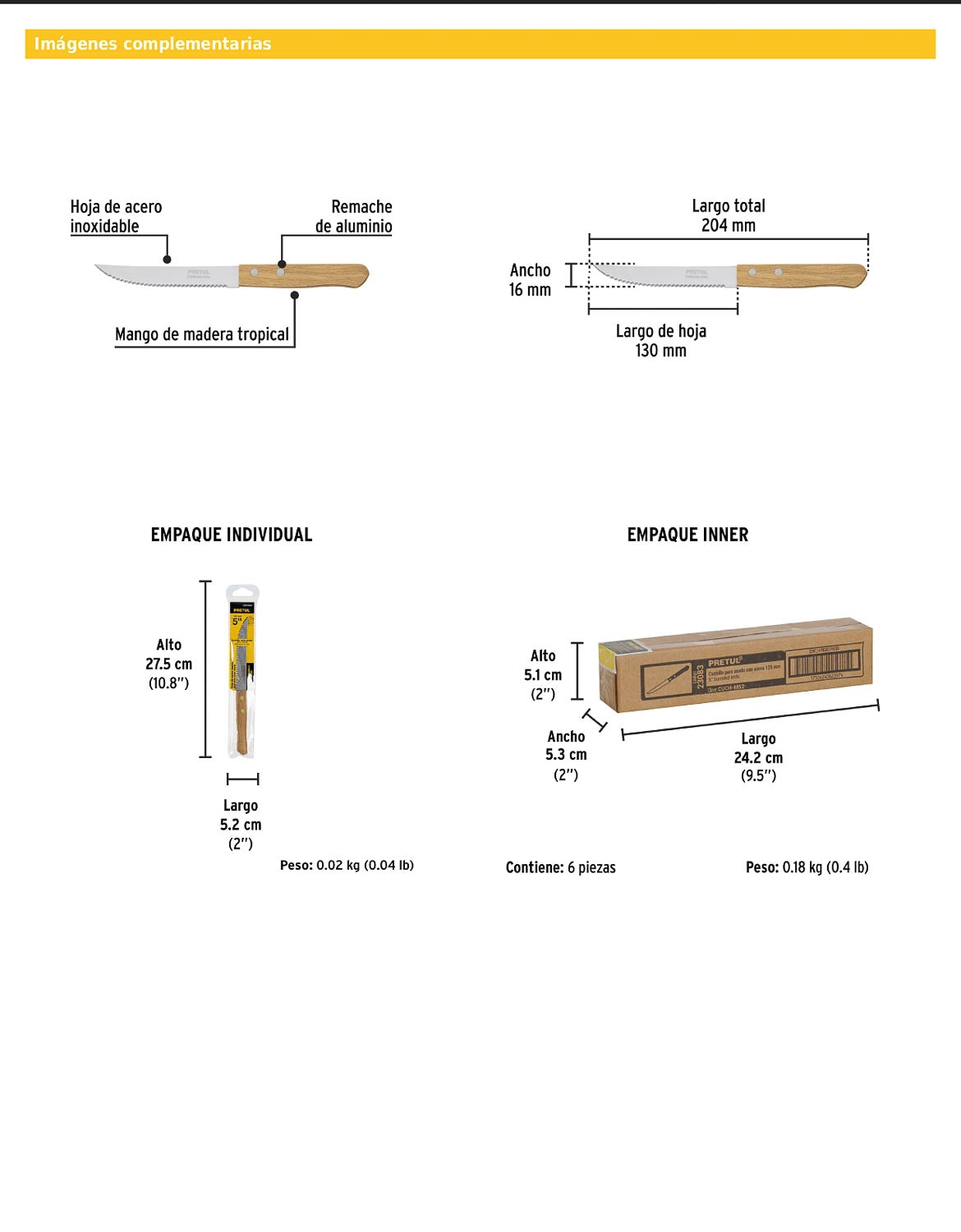 Cuchillo con sierra para asado de 5 pulgadas con mango de madera