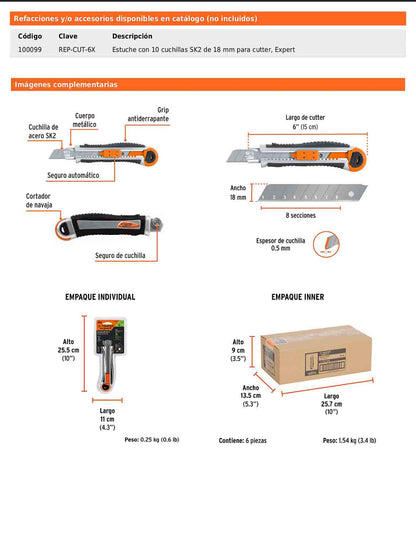 Cutter de 18 mm para trabajo pesado con alma metálica y grip